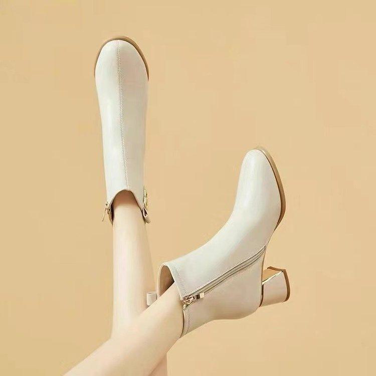 French thick heel thin boots 2025 autumn and winter new short leather single boots soft leather small short boots women's medium high heel Martin boot