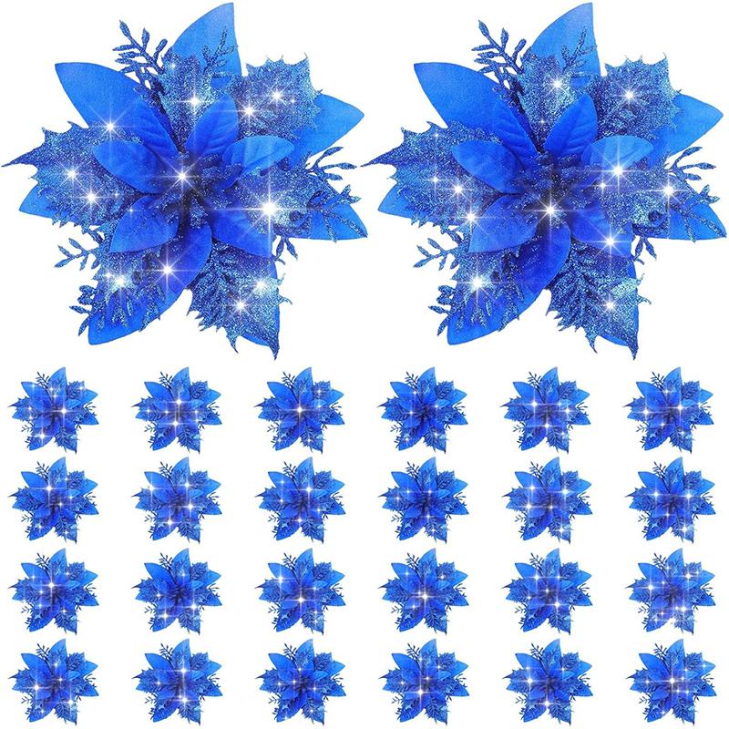 1bag 5pcs Christmas Decorations Glitter Polyester  Artificial Christmas Flowers for Christmas Tree Ornament Party Wreath Decor