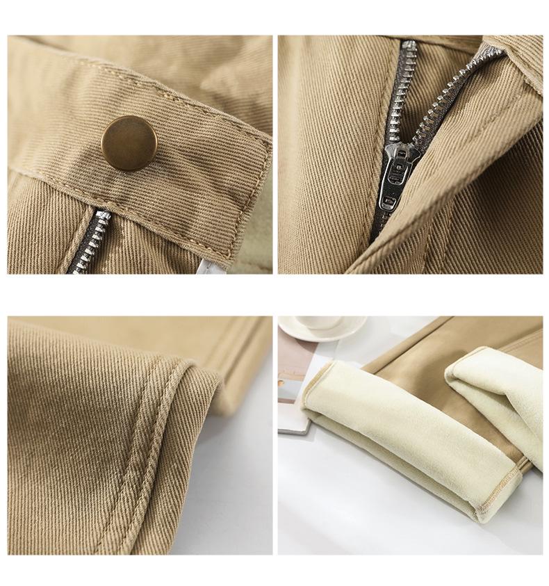 Khaki Micro-Flare Velvet-Lined Mid-Waist Slim-Fit Jeans for Women
