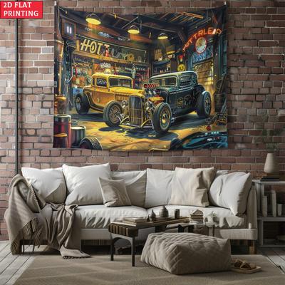 Vintage Hot Rod Garage Gobelin Klasyczne Zmodyfikowane Samochody w Retro Warsztacie Dekoracja Ścienna Pokój Miłośnika Samochodów odpowiedni do biur barów