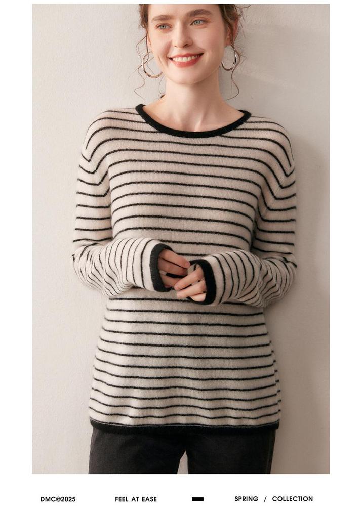 2025 Autumn/Winter Women's Color Block Stripe Cashmere Sweater - Loose Knit Round Neck Long Sleeve Fashion Base Layer