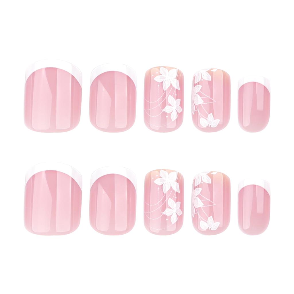 24pcs Spring Flower Wearing Armor Simple French White Nail Art Short Medium Rectangular Fake Nail Removable Nail Plate