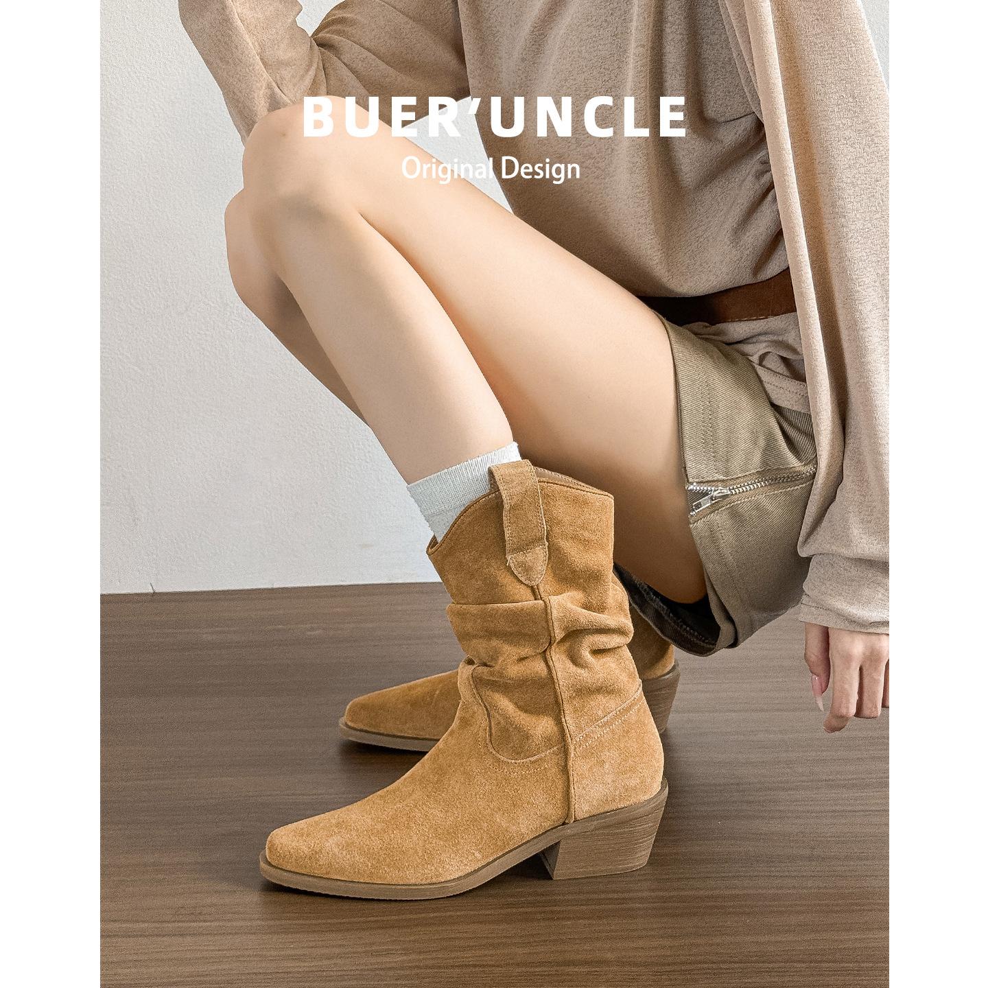 

2025 new thick-heeled short boots women s pointed thin pleated stacking boots retro British style Maillard Martin boots 40 хаки