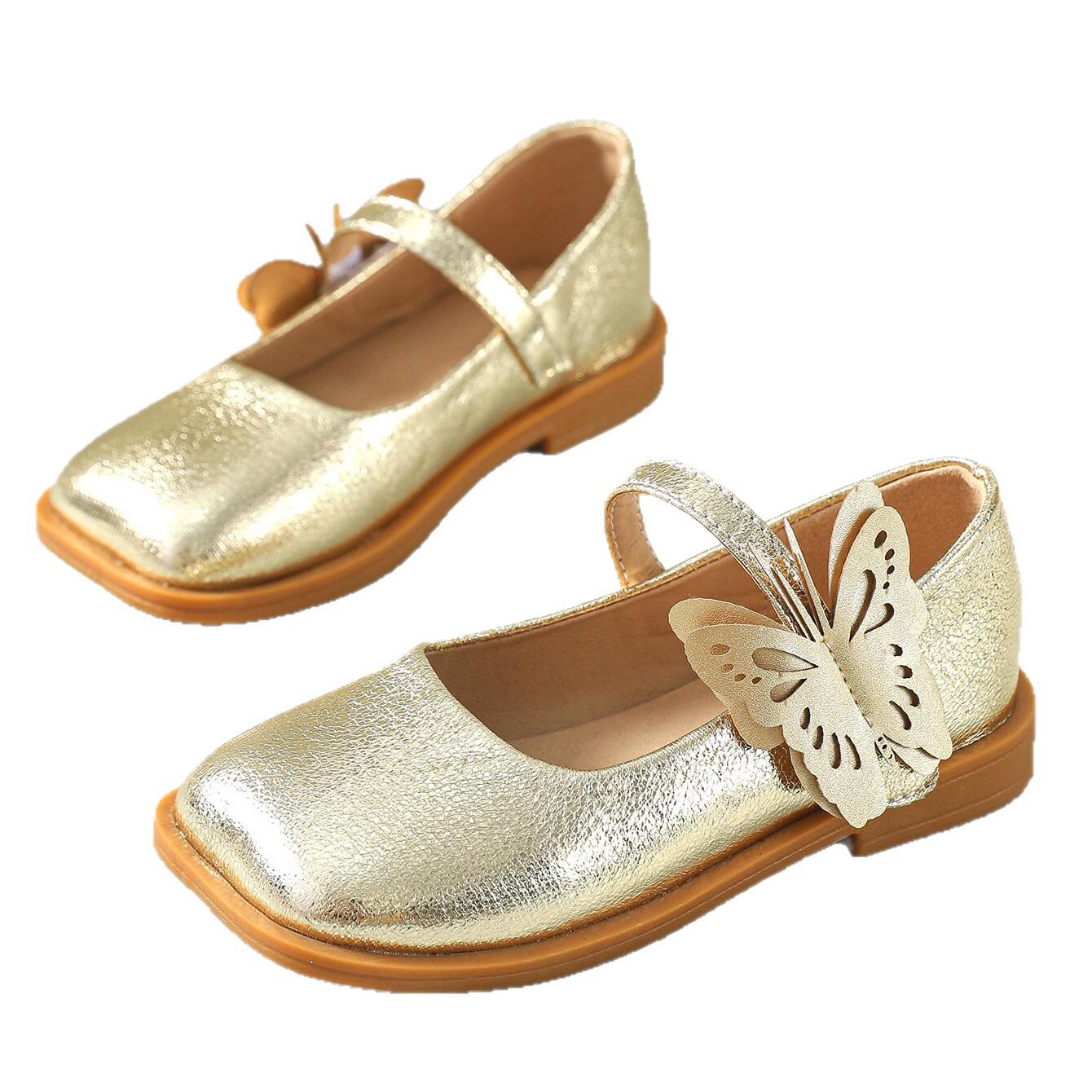 Girls Square-Toe Butterfly Velcro Flat Leather Shoes 31 золотой