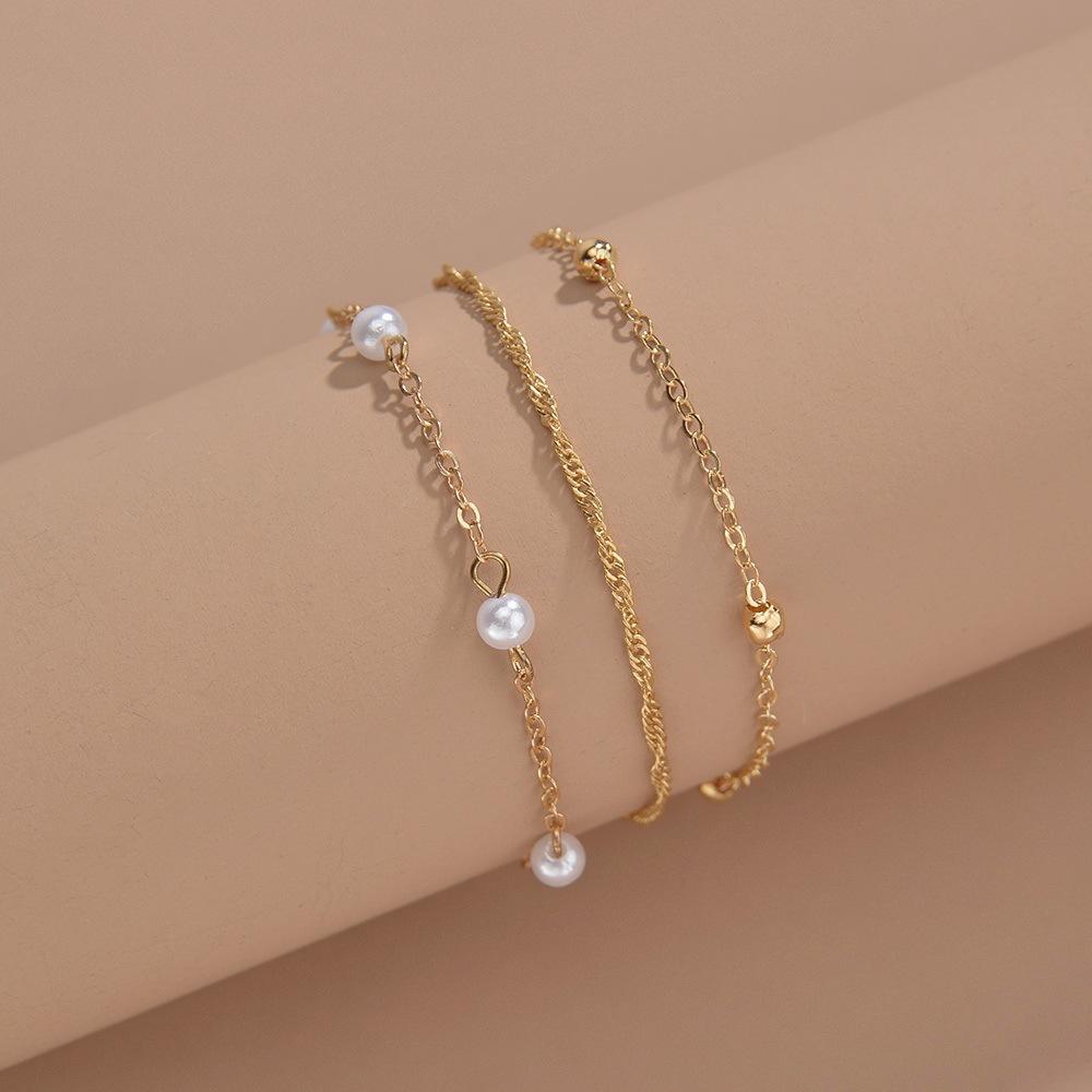 Beach seaside resort style, pearl multi-layer anklet metal adjustable stacked anklet