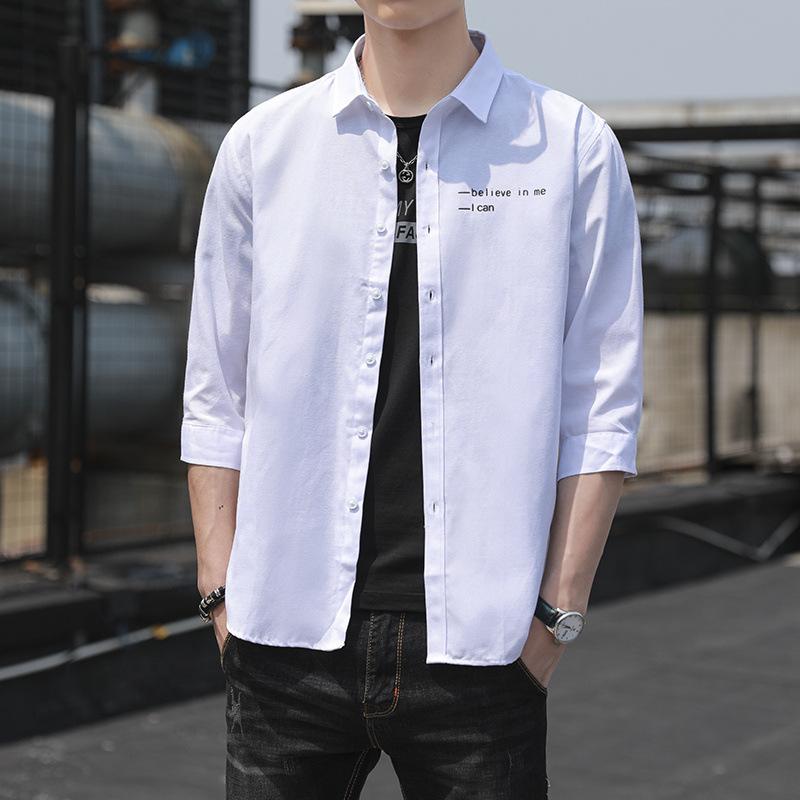 Camicia a Maniche a Tre Quarti da Uomo Camicia a Maniche Medie Camicia Estiva Fresca Tinta Unita Casual