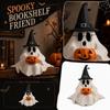 20cm Resin Ghost Figurine with Witch Hat and Pumpkin Decoration Halloween Shelf Ornament for Indoor Display
