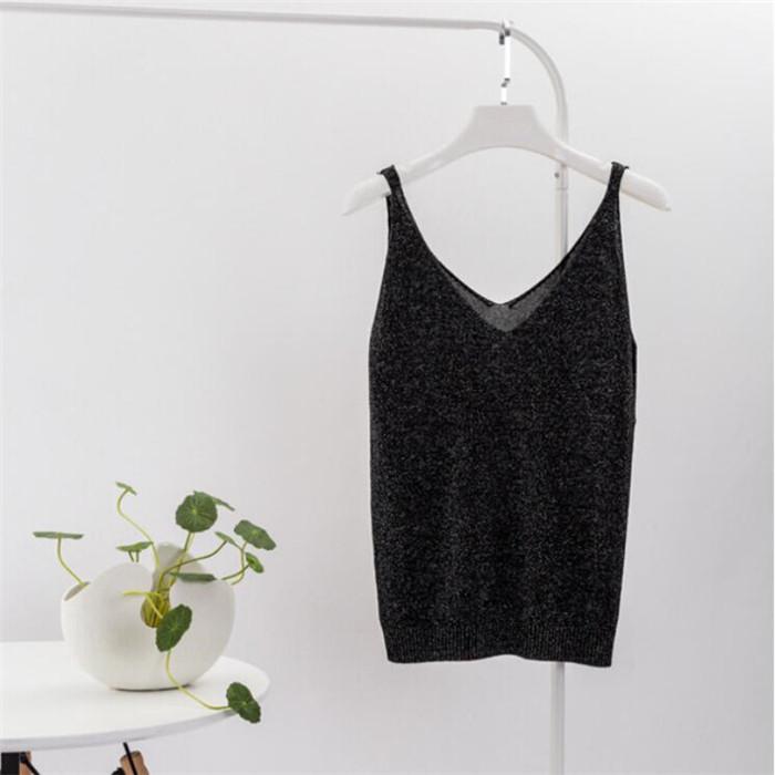 Summer Knitted Slim Sexy Top Tank Women Bright V Neck Sleeveless Vest Shirts Tops Tees