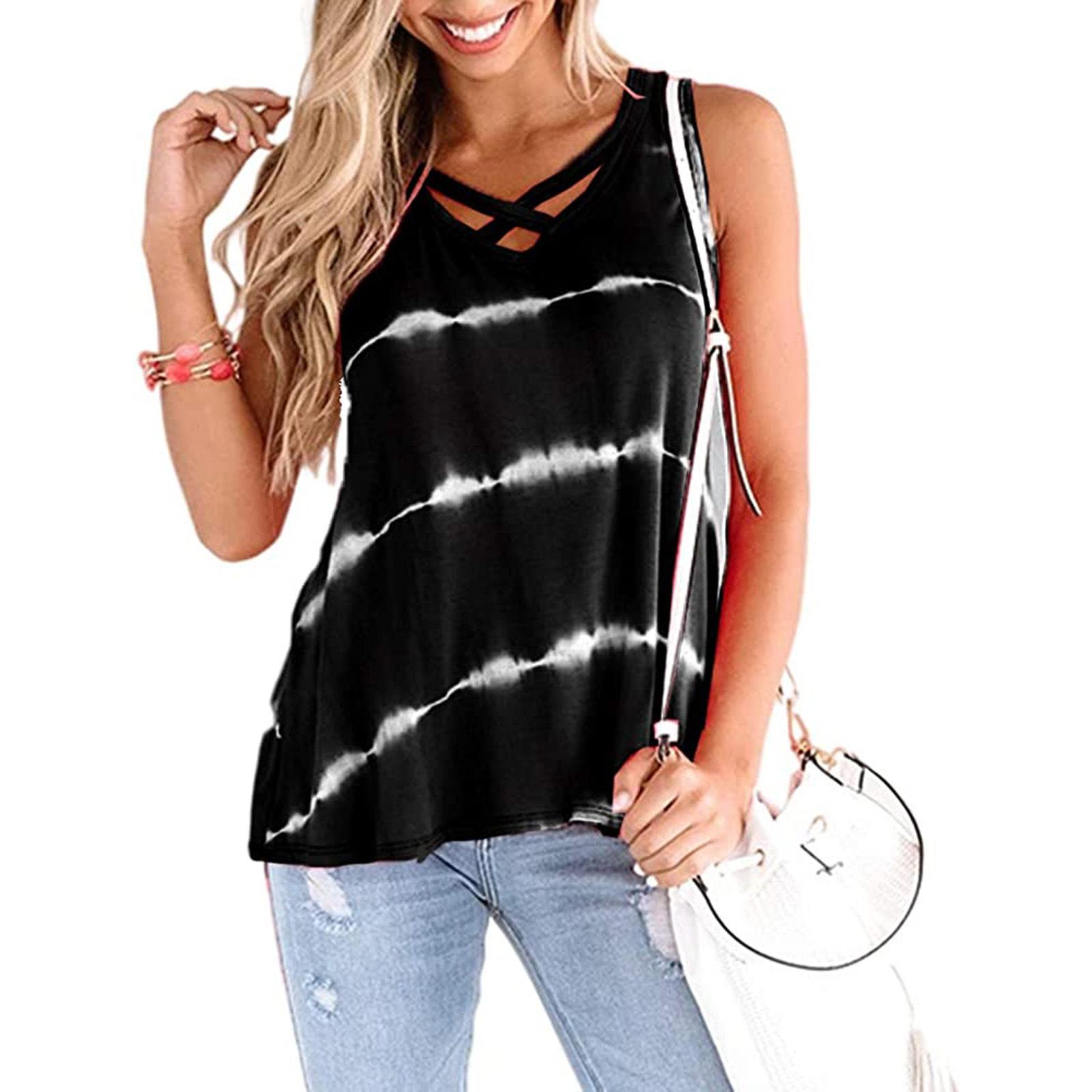 Women Summer New Tie Dye Cross V Neck Sleeveless Casual Tank Top S