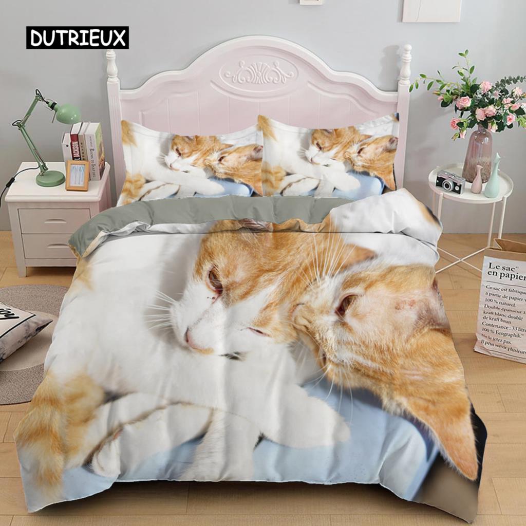 3D Bedding Sets Red Duvet Quilt Cover Set Comforter Bed Linen Pillowcase King Queen 210*210cm Size Pet Cat Design for Kids Girls