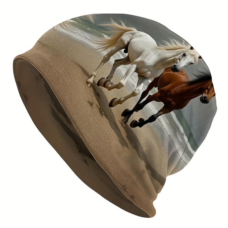 1pc Men's Street Style Animal Print Knit Beanie - Galloping Horse Beach Pattern, Durable Knit Fabric, Comfortable Stretch Fit, Casual Outdoor Hat, Fes