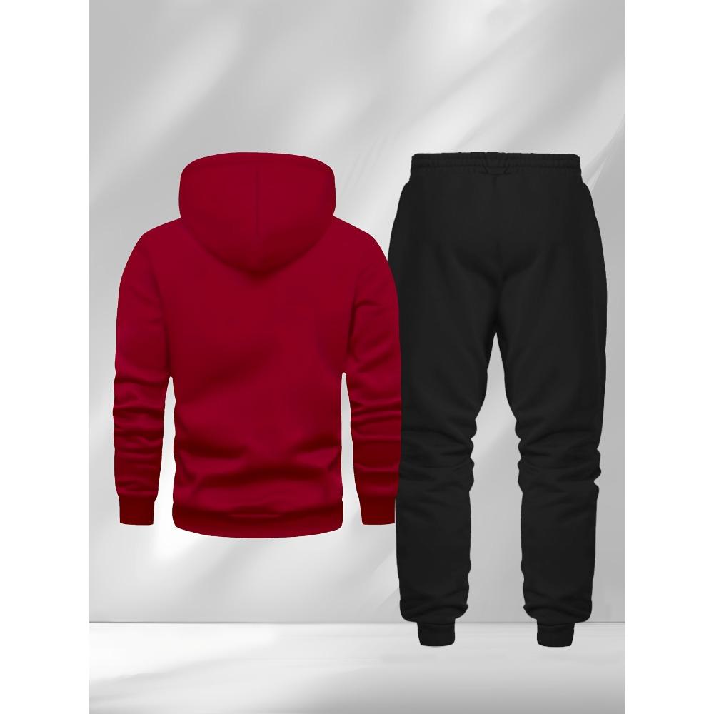 Men's Printed 2pcs Set, Casual Hooded Long Sleeve Sweatshirt and Jogger Pants Outfit, Suitable for Winter and Autumn, Sportswear Set