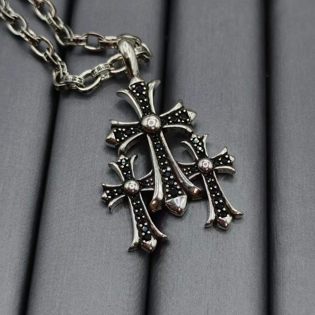 CH Croatia Retro Cross Diamond Inlaid Silver Necklace - High-End Punk Accessories