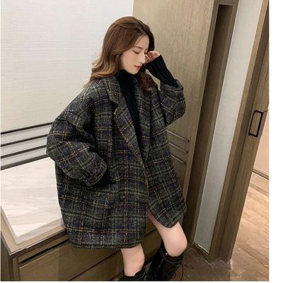 Autumn Warm Thicken Women's Vintage Woolen Plaid Coat for Winter