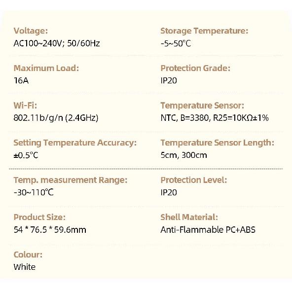 Tuya Wifi Digital Thermostat Socket 16A Precision Plug Remote Temperature Controller Timer Switch Cooling Heating 3M NTC Sensor