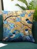 Chinese Style Cushion Cover, Blue Bird And Flower Print Pillowcase, Golden Embroidery Look Home Decor, Sofa Throw Pillow