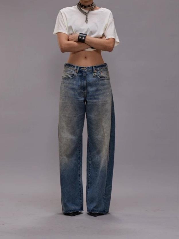 R.13 Autumn Retro Loose Wide-Leg Patchwork Denim Jeans