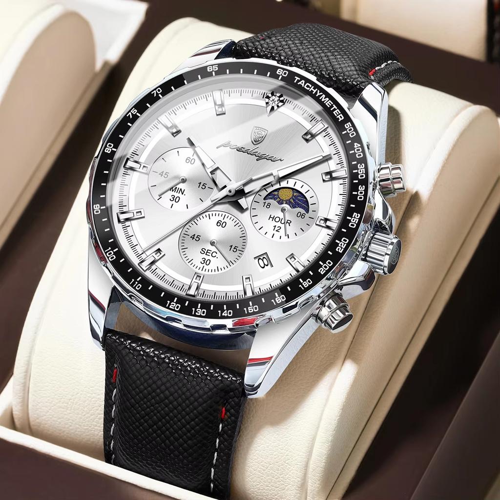Mens Watches Multifunctional Chronograph Watch For Men 30M Waterproof Luminous Moon Phase Quartz Wristwatches Box