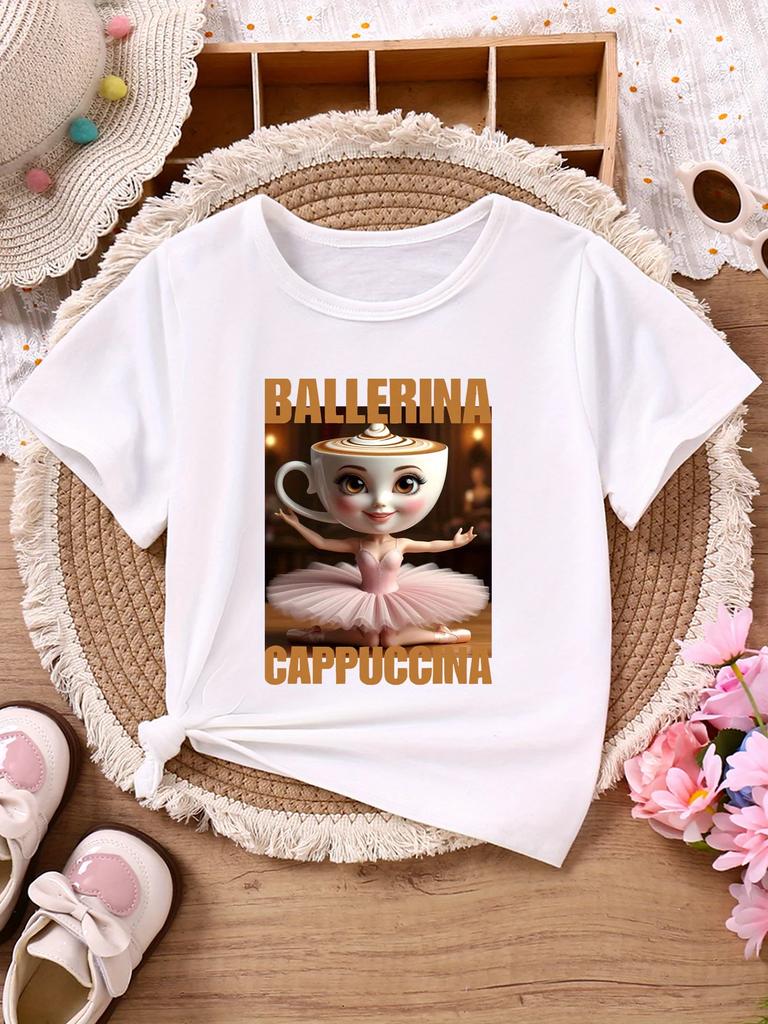 Dětské ležérní tričko s krátkým rukávem BALLERINA CAPPUCCINA se zlatými písmeny a potiskem kreslené baleríny a cappuccina