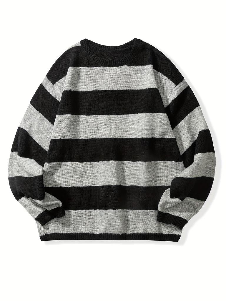 Men's Retro Wool Knitwear: Color Block Striped, Round Neck, Soft & Cozy, Loose Fit, Autumn/Winter Edition.