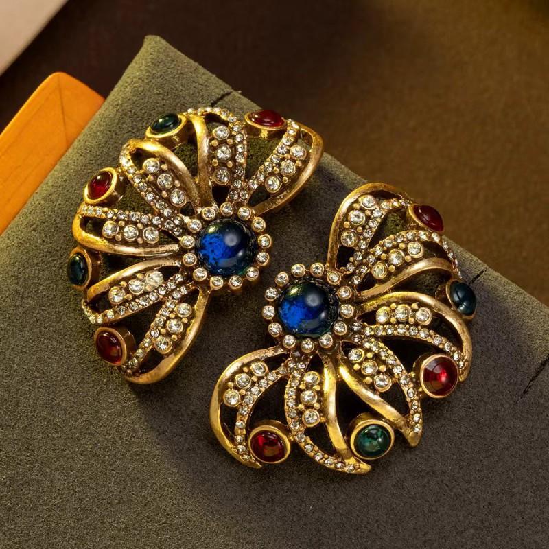 Vintage Colored Rhinestone Inlaid With Flower Earrings Light Luxury Retro Style Medieval Hollowed Out
