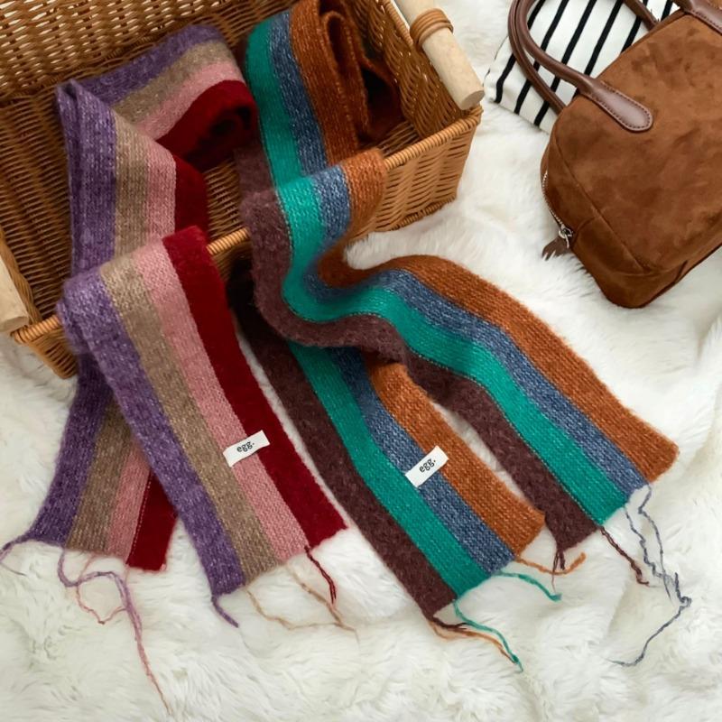 Korean Stylish Rainbow Striped Fringed Knitted Scarf Women Winter Neck Warm Female Scarves Fashion Narrow Long Muffler Female