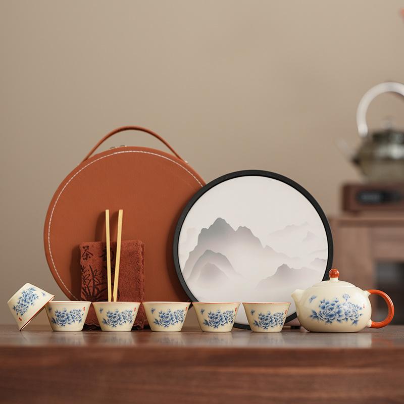 Business fresh Ru kiln peony tea set can be raised on outdoor business trips, tea cup portable storage leather bag