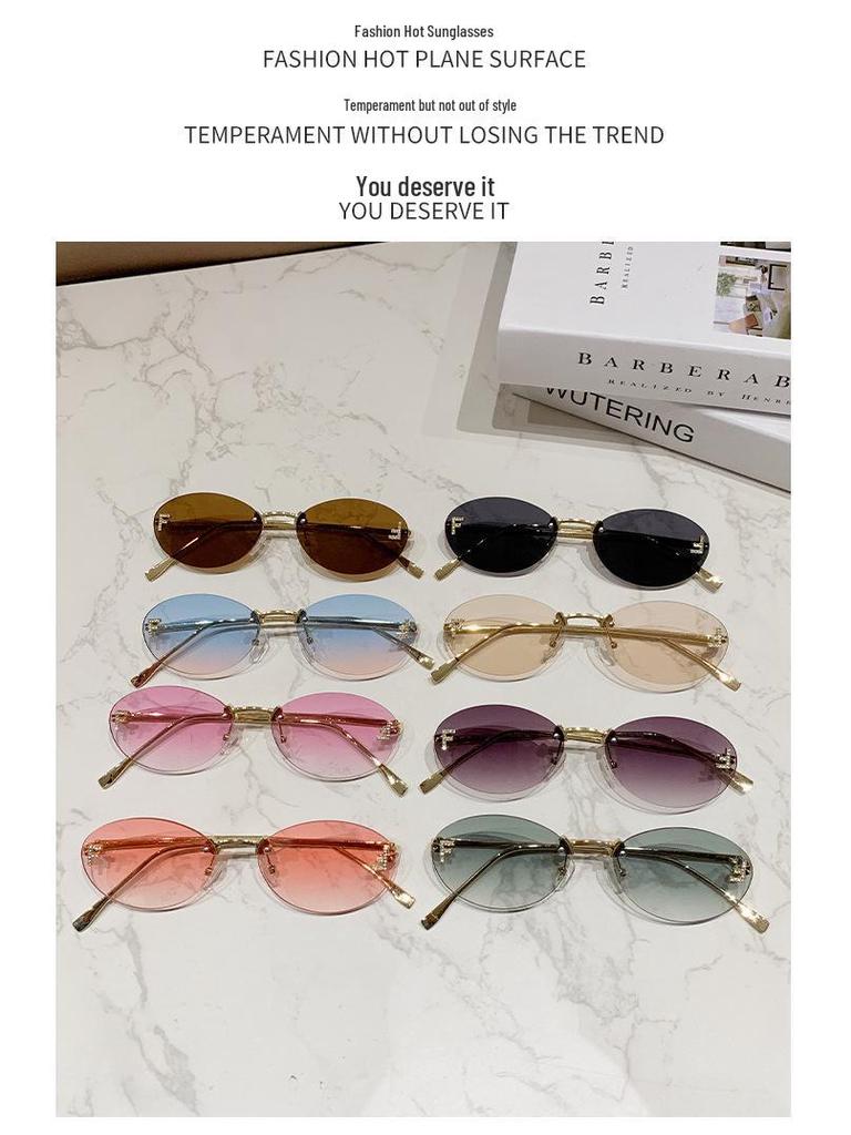 Women's Trendy Oval Rimless Rhinestone Sunglasses - European & American Style, Small Frame with Letter F Design