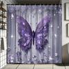 4PCS Luxury Diamond Butterfly Bathroom Set, Waterproof Shower Curtain with Non-slip Rugs, U-shaped Mat  Toilet Cover 12 Hooks