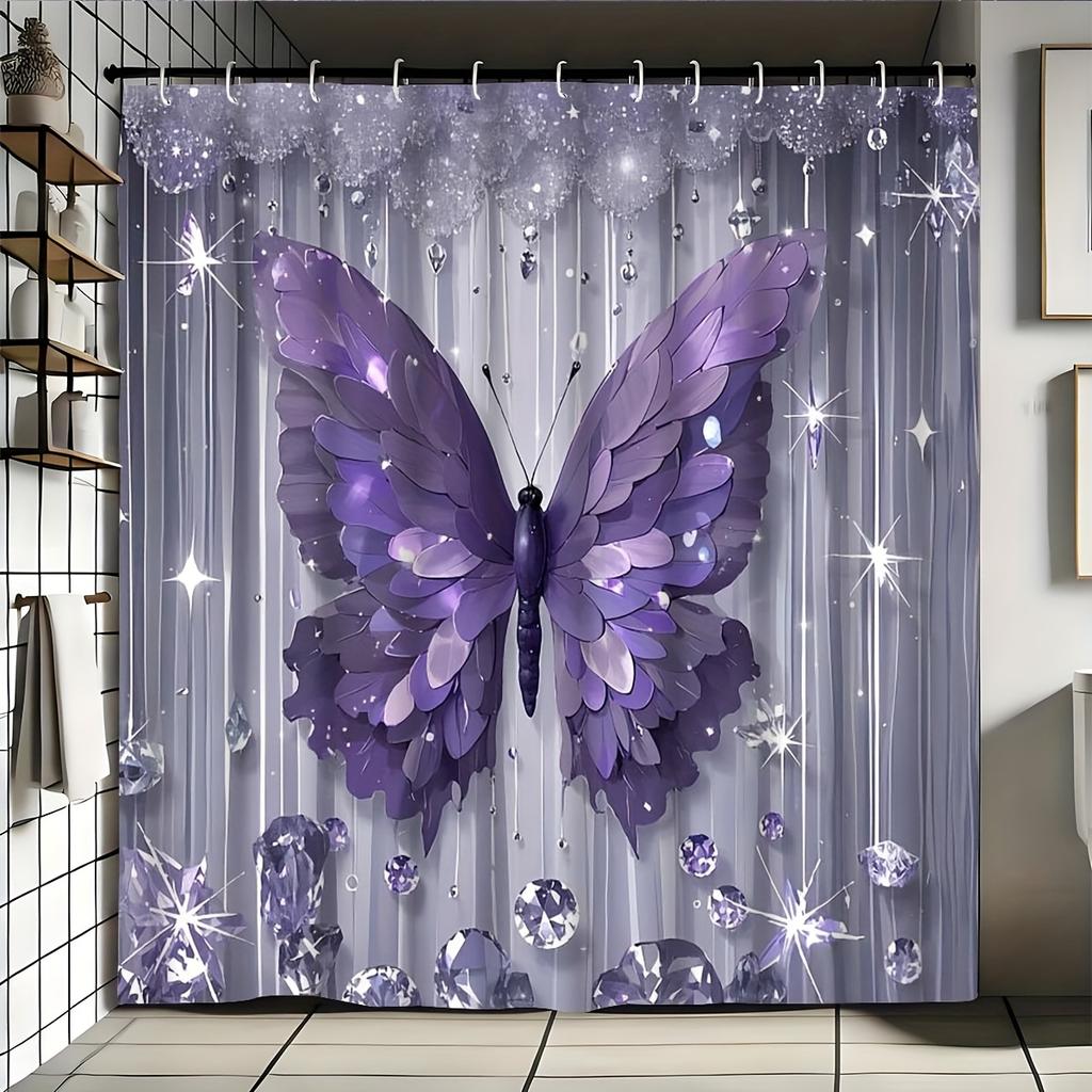 4PCS Luxury Diamond Butterfly Bathroom Set, Waterproof Shower Curtain with Non-slip Rugs, U-shaped Mat  Toilet Cover 12 Hooks