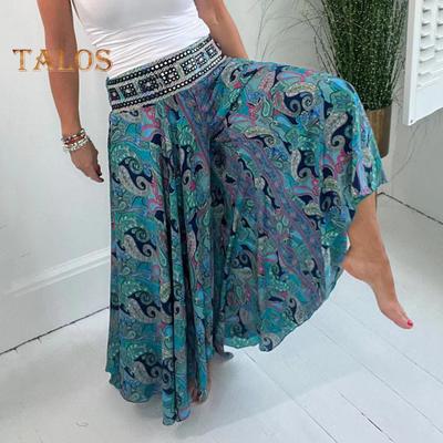 Femmes été pantalons décontractés jambe large élastique taille haute pantalons longs rétro impression Culottes coupe ample pantalon fluide Streetwear