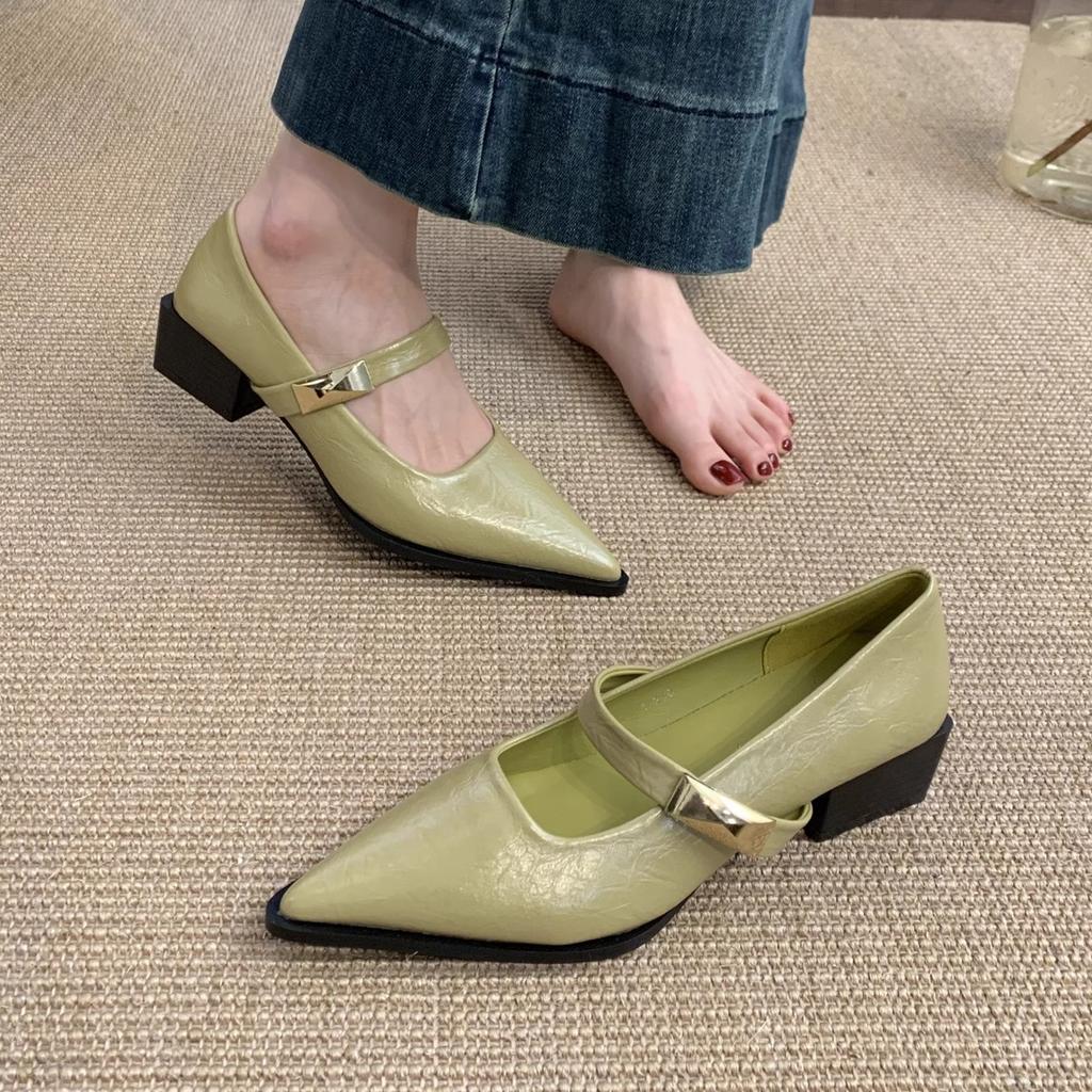 Shallow Mouth Pointed Single Shoes Women's New Temperament Commuting Thick Heel Mary Jane Small Leather Shoes