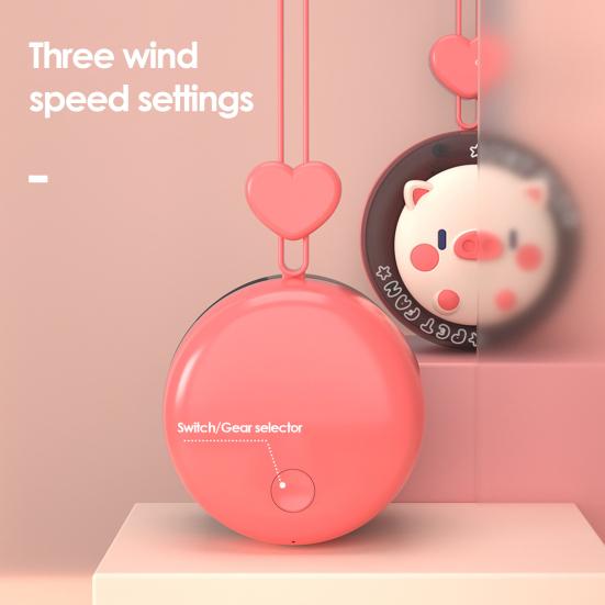 Hanger Fan Mini Portable Round Palm-Sized Fan with Built-in Lanyard Cartoon Animal Design Multi-Speed Adjustable Cooling