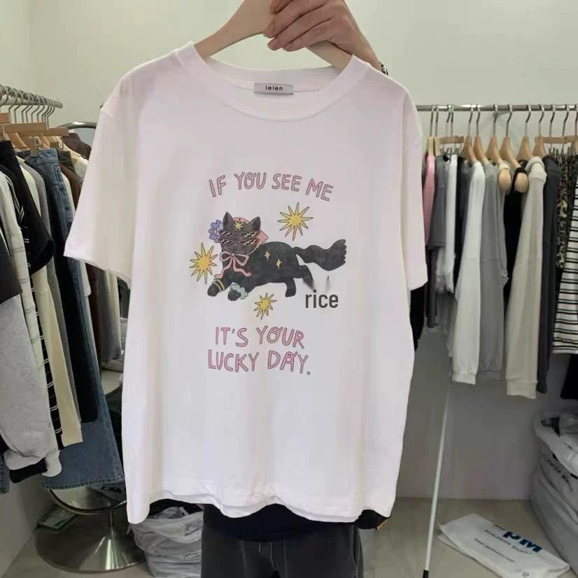 Korean Cartoon Cat Print Loose Pure Cotton T-shirt for Women - Summer Trend L