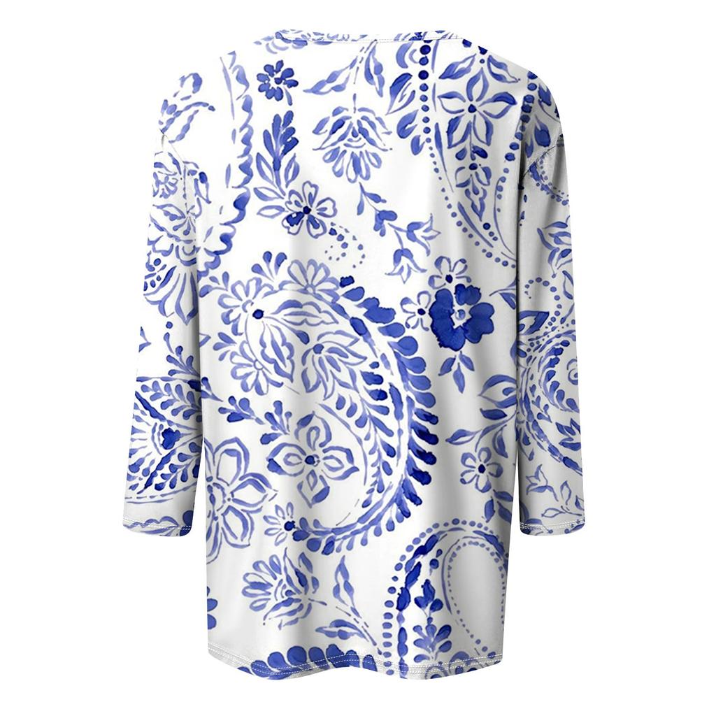 Shirt For Women's Fashion Casual Square Neck 3/4 Sleeve Loose Printed T-Shirt Ladies Top