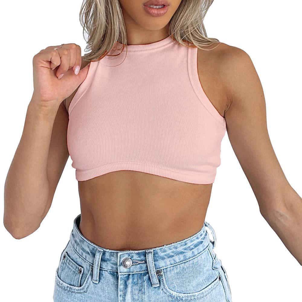 Dámský crop top bez rukávů z žebrovaného úpletu - Sexy styl s kulatým výstřihem