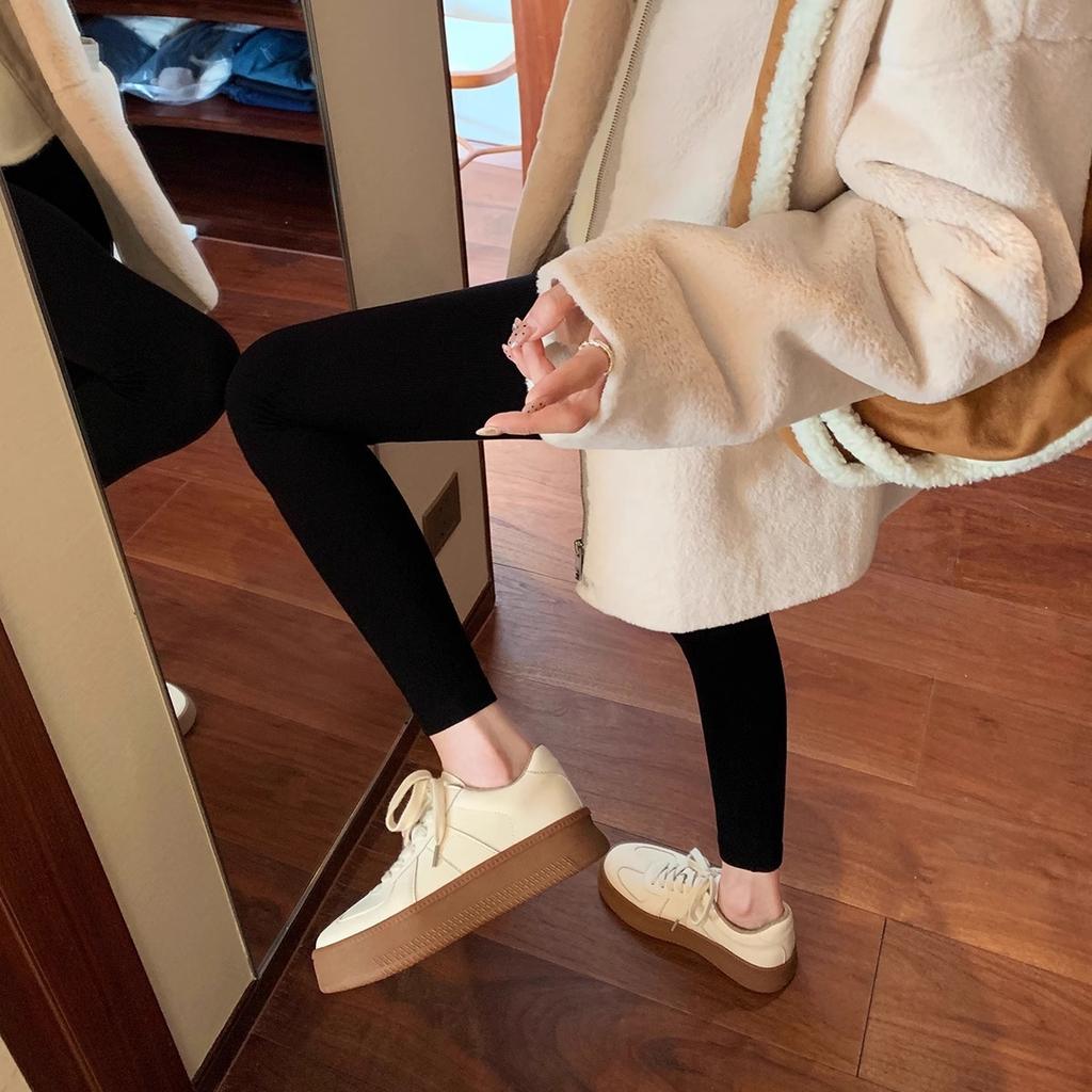 Sheepskin version~ round head thick sole contrasting color and age reduction versatile lace-up board shoes casual little white shoes