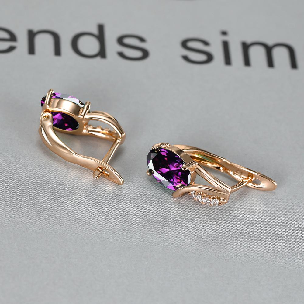 Crystal Purple Oval Stone Rose Gold Color Wedding Hoop Earrings For Women