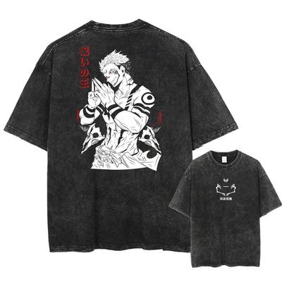 Herrenmode Streetwear Gewaschenes Schwarzes T-Shirt Japanischer Anime Grafikdruck T-Shirt Sommer Baumwolle Übergroße Oberteile Tees