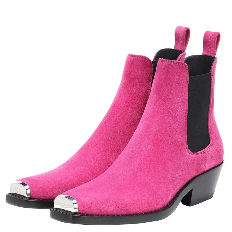 Fashion Autumn Winter Mixed Color 4.5cm Low Heel Metal Head Cowhide Short Boots Men's and Women's Universal Genuine Leather Ankle Boots