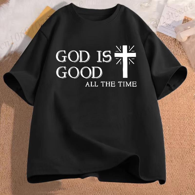 Unisex Casual Summer TShirts Cross God Is Good All The Time Graphic Printed Short Sleeve TShirt Christian Jesus Quote Tees Tops