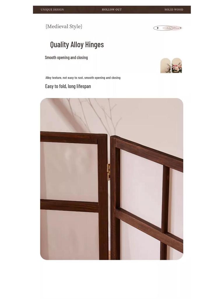 Retro Solid Wood Folding Screen Divider for Living Room and Bedroom