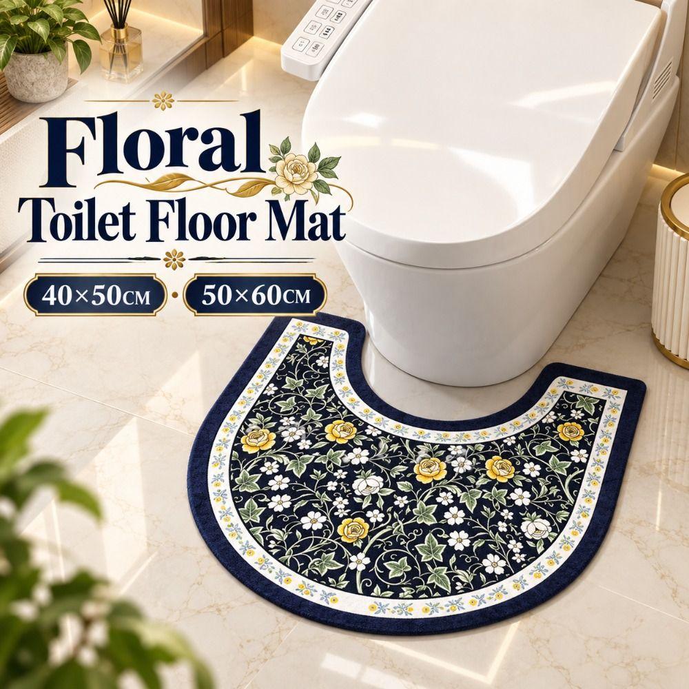 Floral Pattern Toilet U-shaped Mat Absorbent Bath Mat Practical Bathroom Floor Rug Household