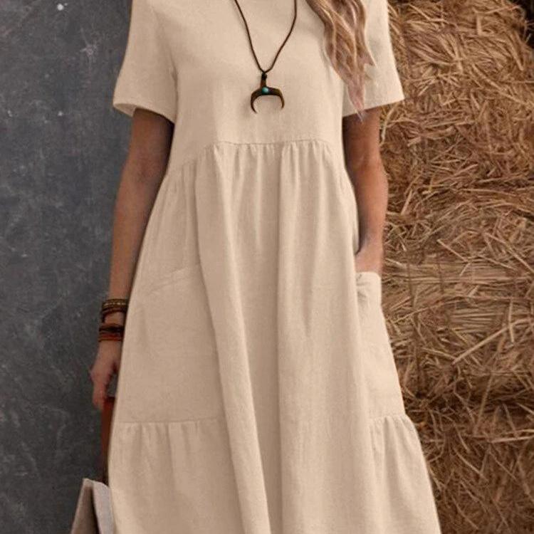 

Жіноча літня повсякденна пляжна сукня міді з бавовняним льоном з короткими рукавами та кишенями S абрикосовий