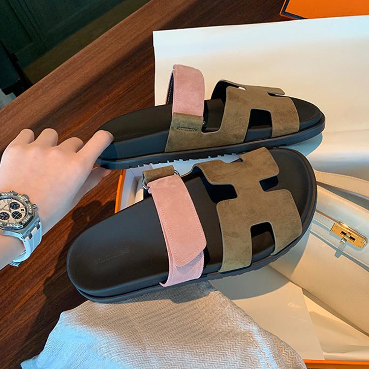 H Slippers Women's Leather Sandals with Thick Bottom New Summer Wear Velcro Soft Open Toe Flat Bottom Mop