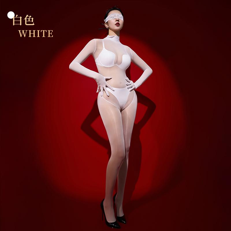 Sexy Five Finger Gloves Oil Glossy Shiny Elastic Bodysuit 8D Sheer See Through Bodycon Tights Jumpsuits Smooth One Piece Leotar
