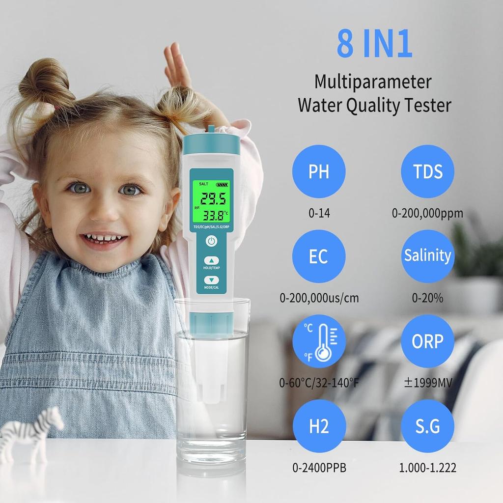 PH Meter TDS Meter 8 in 1 Digital Water Tester Pool Salt Tester Salinity, PH, TDS, EC, ORP, H2 and TDS Meter, PH Meter for Water with LCD Backlit