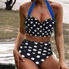 Women's Summer Fashion Casual Polka Dot Print High Waist Split Two-piece Suit  Bikini Swimsuit