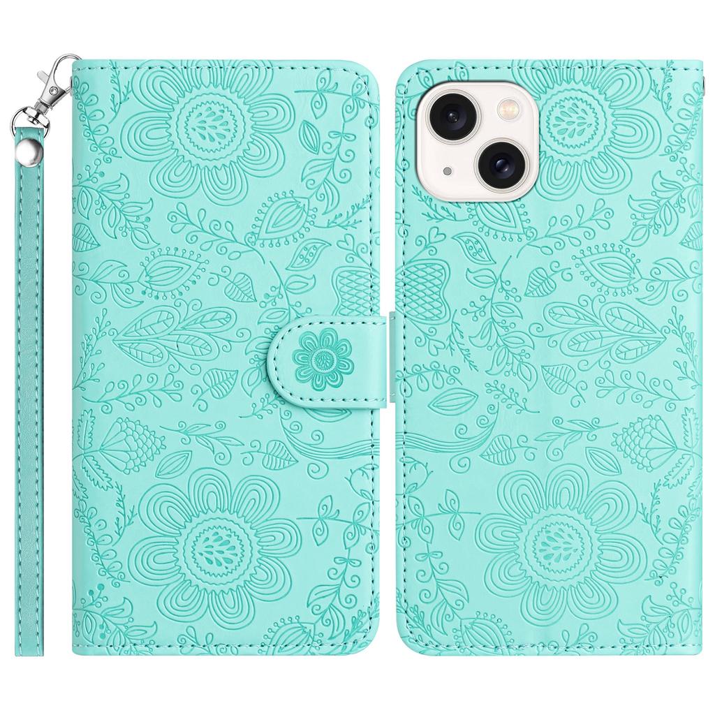 For iPhone 14/13 Case Flower Imprint Leather Flip Wallet Phone Cover with Wrist Strap