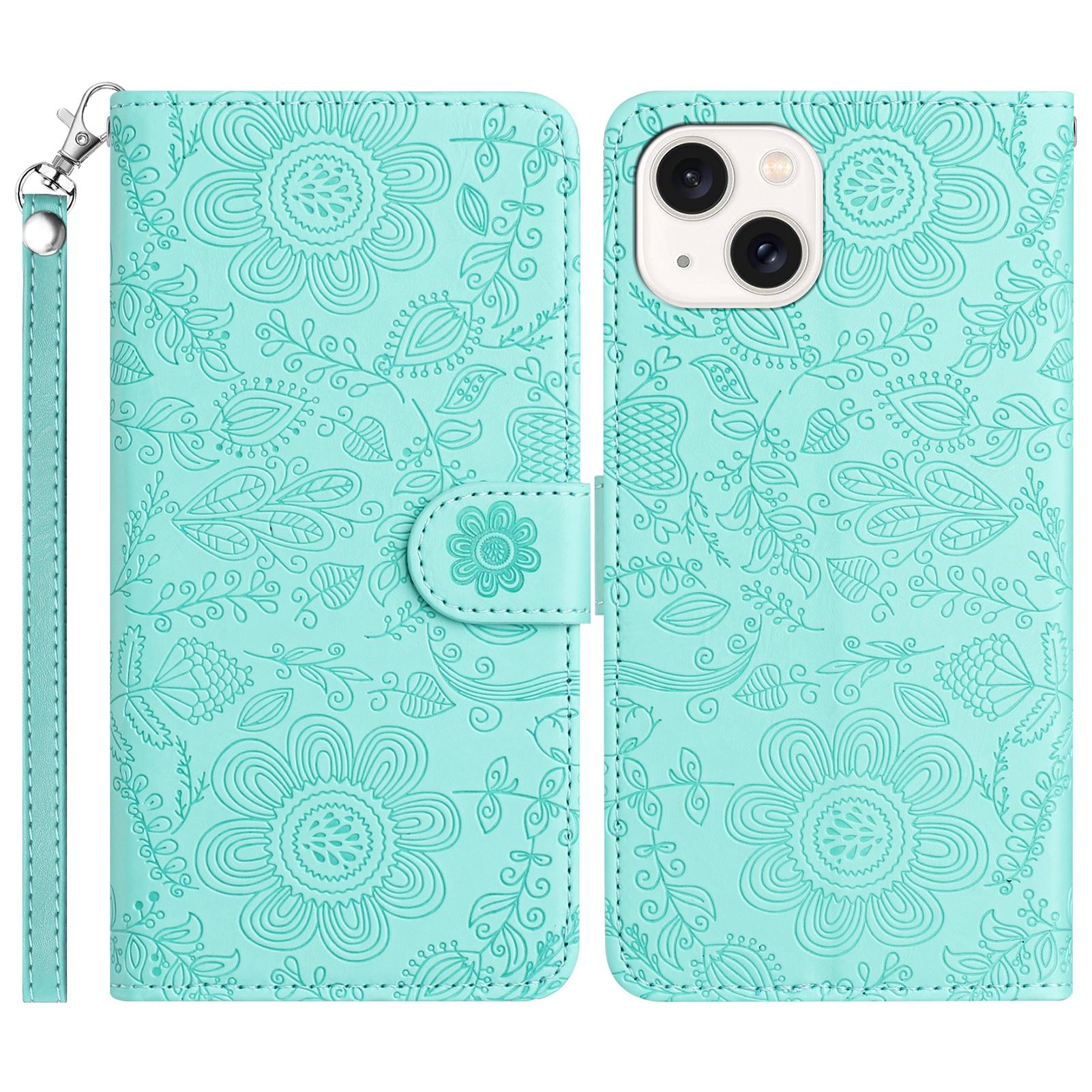 

For iPhone 14/13 Case Flower Imprint Leather Flip Wallet Phone Cover with Wrist Strap Light Green